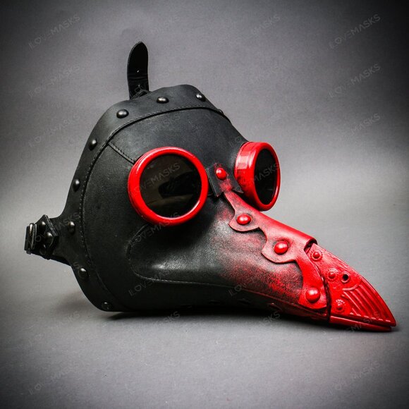 Black Steampunk Plague Doctor w/ RED Goggle Short Bird Beak Halloween Party Mask - Picture 3 of 6